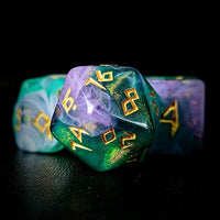 Thumbnail for Glitter in Green & Purple Acrylic - 7pcs RPG Full Dice Set Close