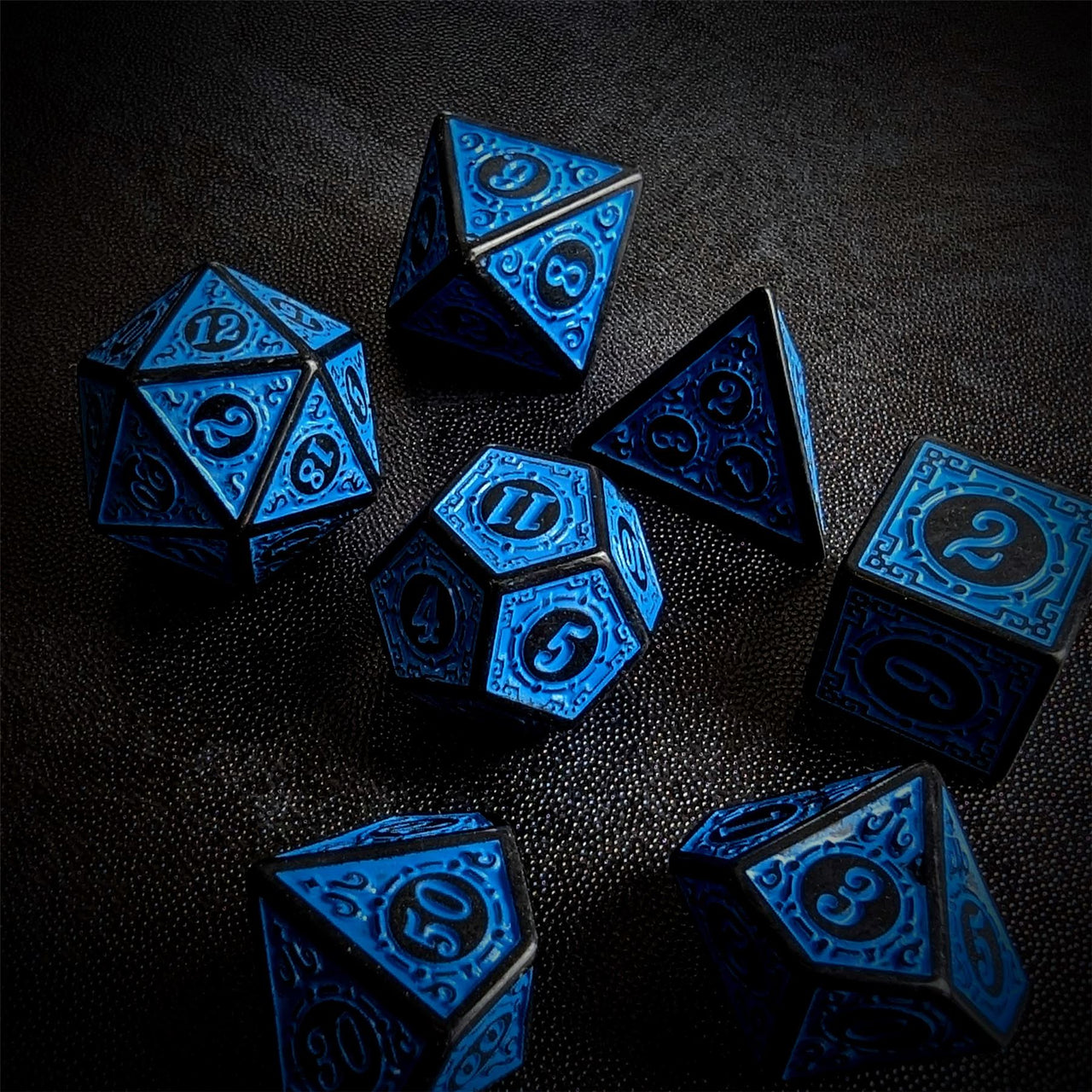 Blue Lattice on Black Acrylic - 7pcs RPG Full Dice Set Scatter