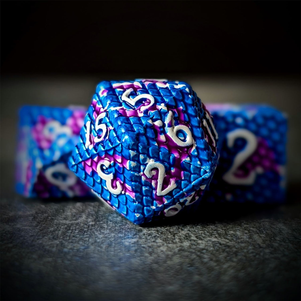 Purple & Blue Dragon Scale Metal - 7pcs RPG Dice Set