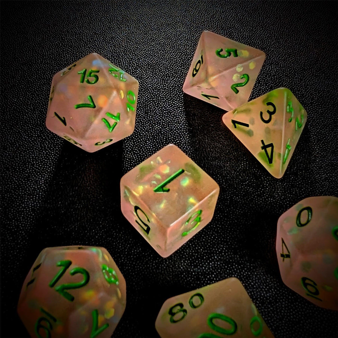 Confetti in Frosted Pink Resin - 7pcs RPG Full Dice Set