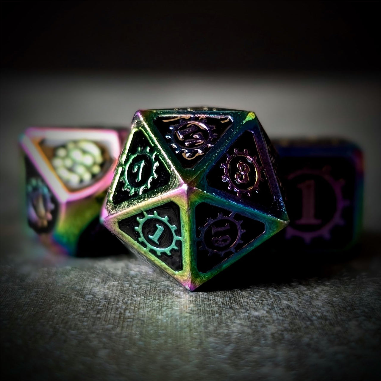 Gear in Black Enamel Rainbow Metal - 7pcs RPG Dice Set