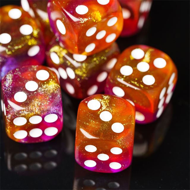 16mm Pink & Orange Acrylic with Glitter - 6pcs D6 RPG Dice Set