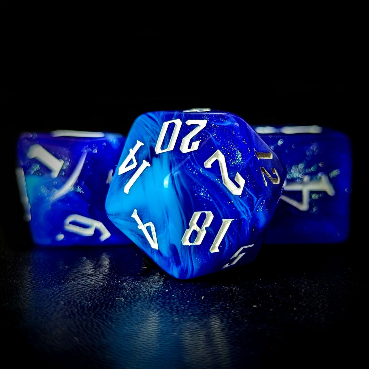 Glitter in Royal Blue & White Acrylic - 7pcs RPG Full Dice Set Box Setup