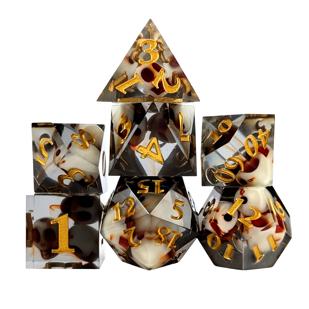 7pcs Dice Sharp Filled Skull Gold Font Black