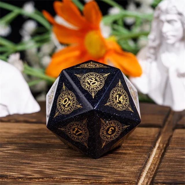 Astrology on Obsidian Goldstone Gemstone - D20 RPG Dice