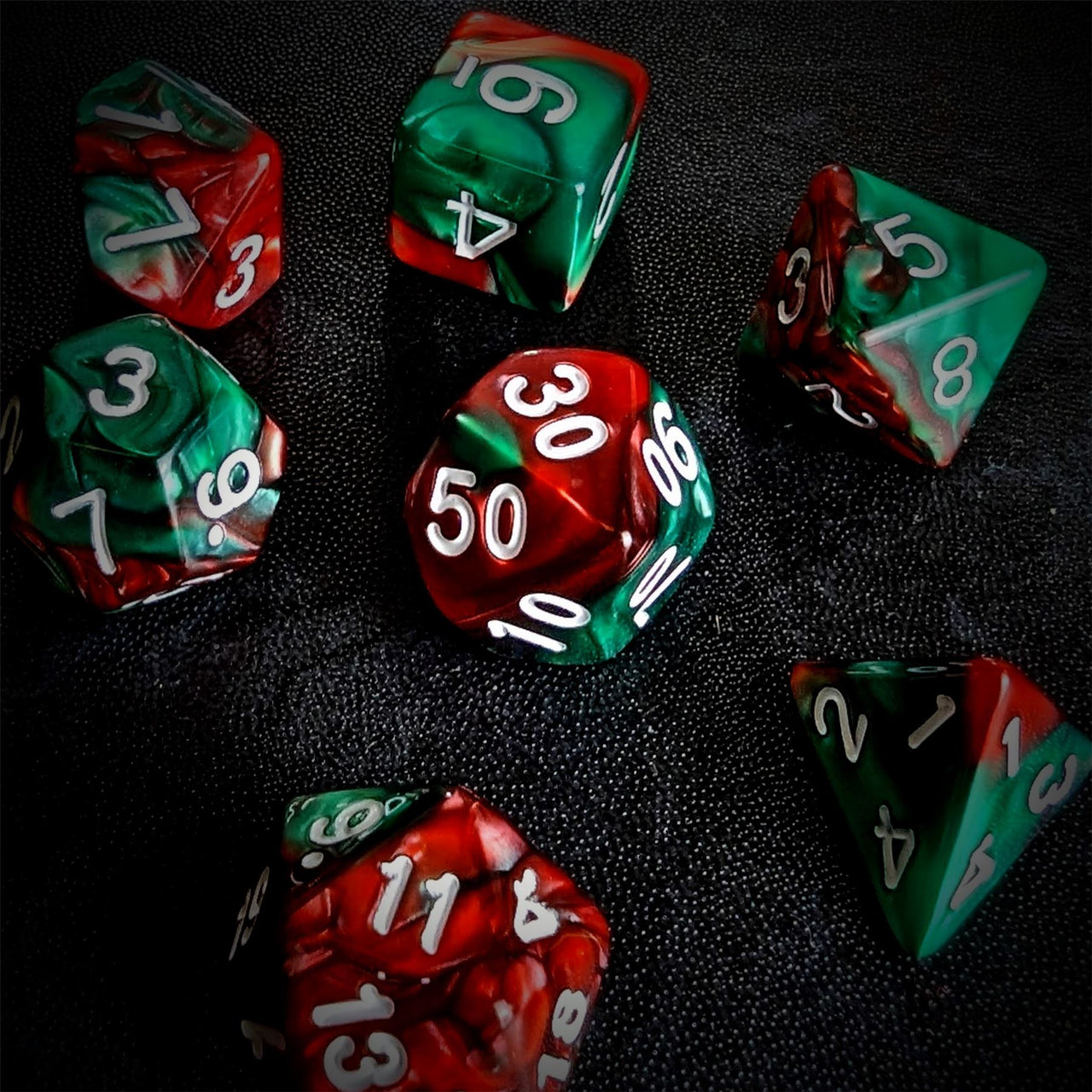 Blend of Red & Green Acrylic - 7pcs RPG Full Dice Set Scatter