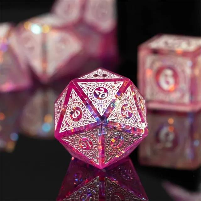 White Pattern on Pink with Candy Sharp Resin - 7pcs RPG Dice Set