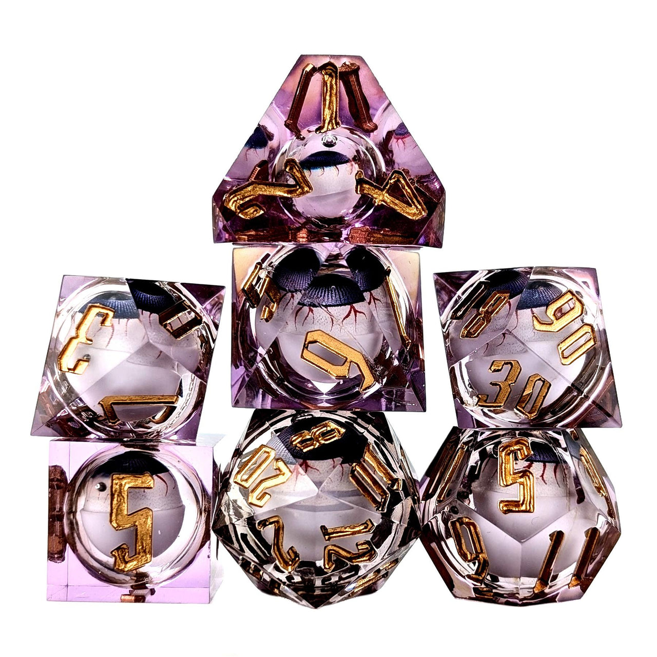 Eye Ball in Purple Filled Sharp Resin - 7pcs RPG Dice Set