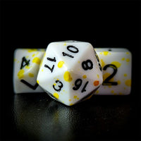 Thumbnail for Yellow Blood Splatter on White Acrylic - 7pcs RPG Full Dice Set Close