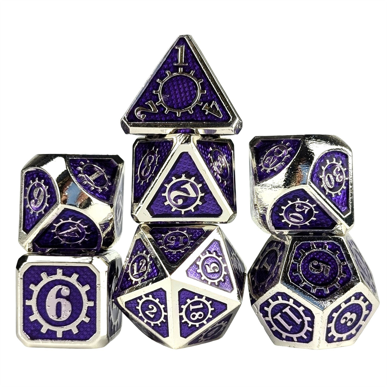 Gear in Purple Enamel Silver Metal - 7pcs RPG Dice Set