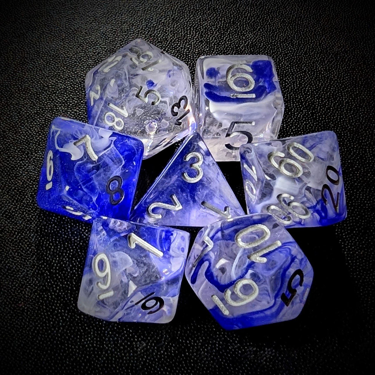 Blue & White Swirl in Clear Resin - 7pcs RPG Full Dice Set