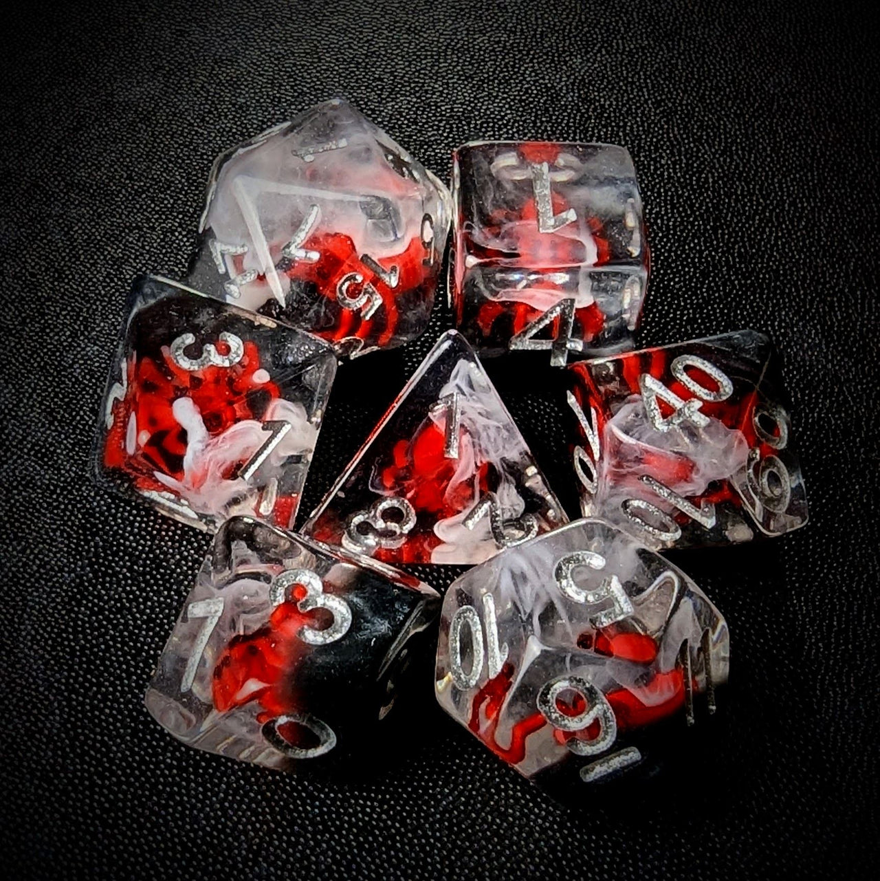 Red Spider in Clear & Black Resin - 7pcs RPG Full Dice Set