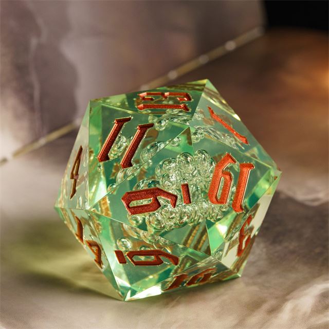 Bubbles in Clear & Green Sharp Acrylic - D20 RPG Dice