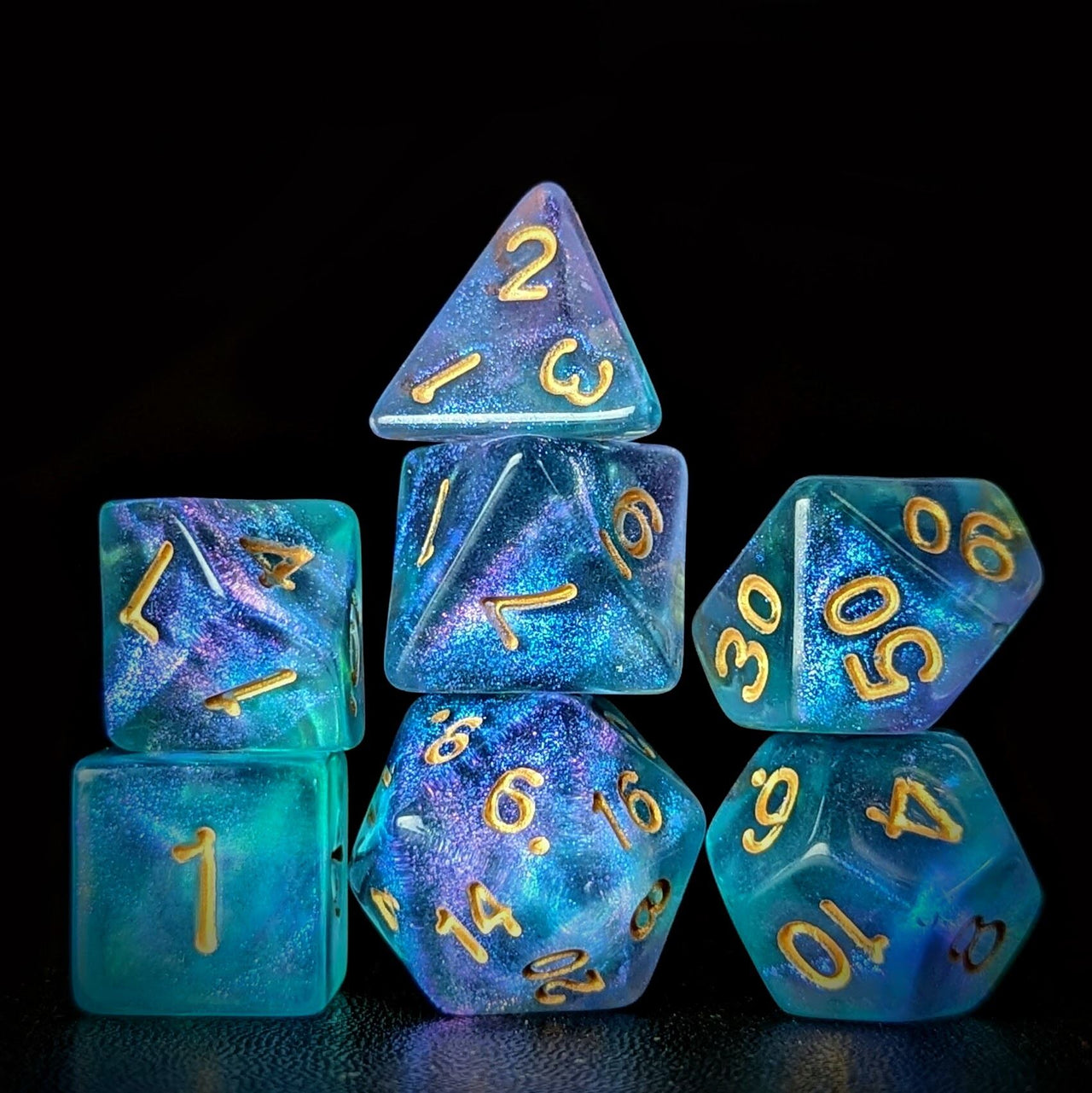 Glitter in Purple & Blue Acrylic - 7pcs RPG Full Dice Set Dark Stack