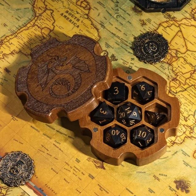 Dragon on Sapele Wood with 7 Slots -  Magnetic Cog Dice Storage