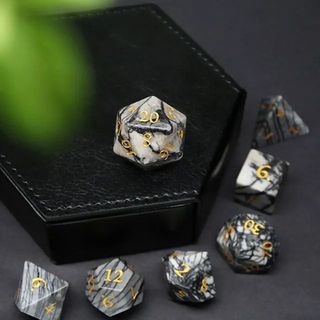 White and Black Marble Gemstone - 7pcs RPG Dice Set