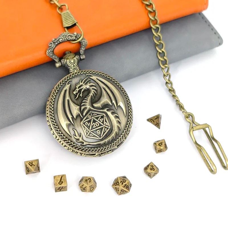 Dragon Wing on Bronze Pocket Watch with Mini Dice - Pendant