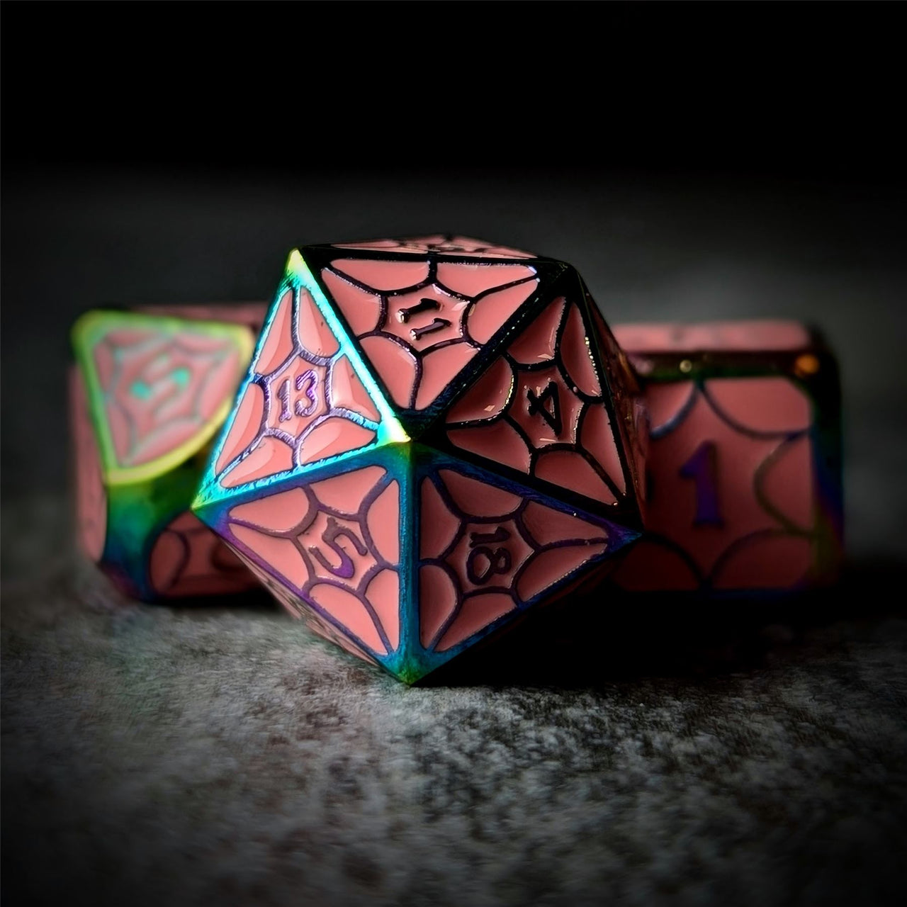 Pink Spider's Web in Rainbow Metal - 7pcs RPG Dice Set