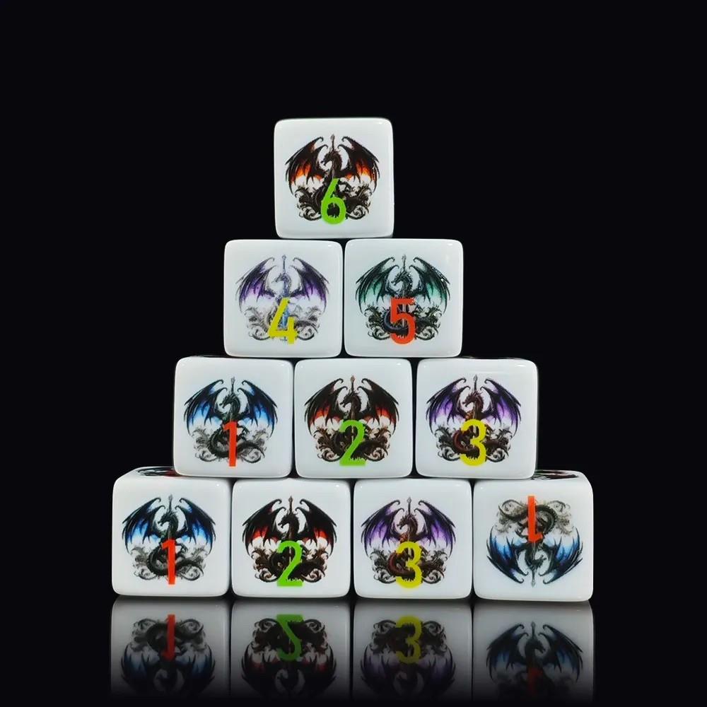 6pcs D6 16mm Dice Acrylic Printed Dragon Multi Font White