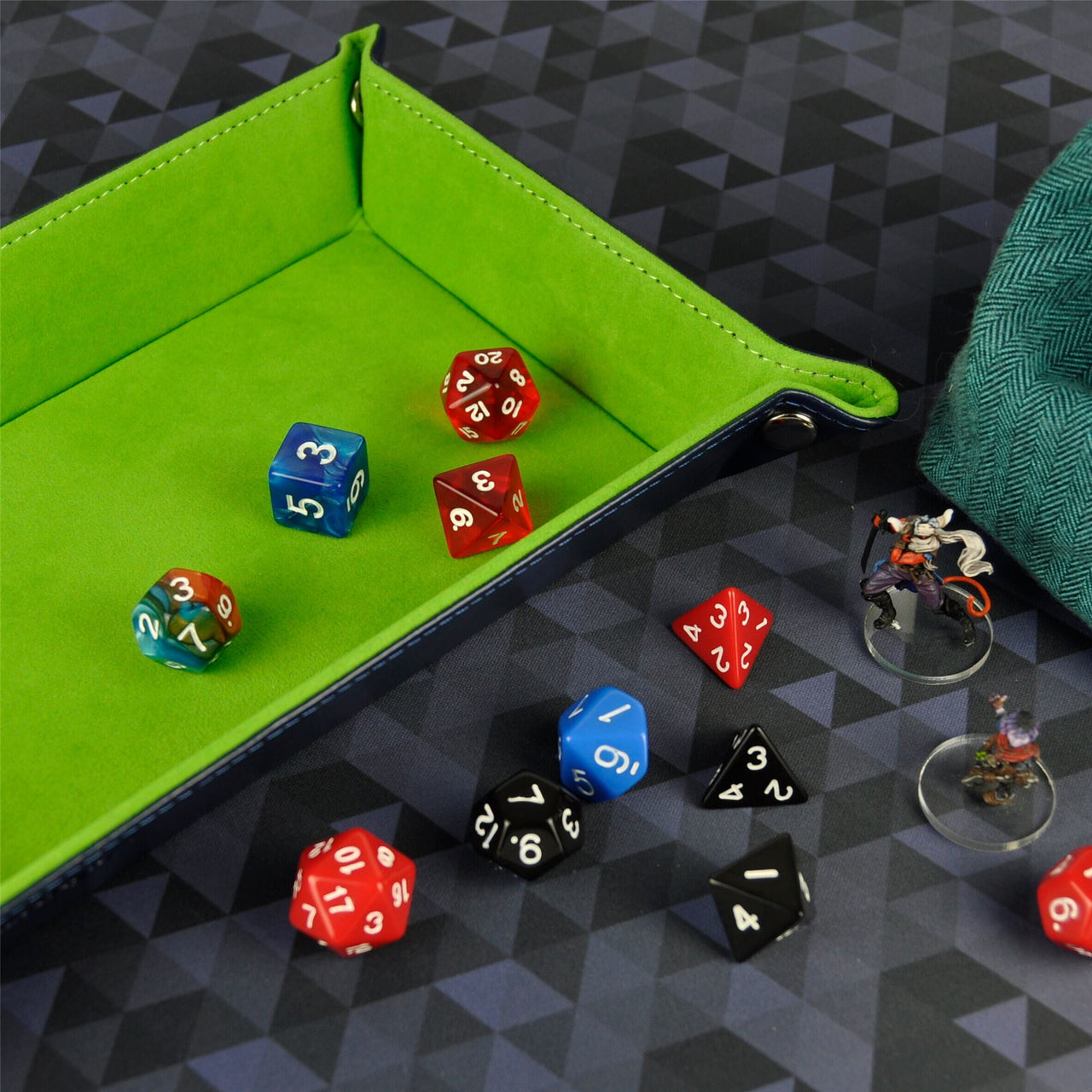 Green Velvet & Blue PU Leather - Rectangle Hard Dice Tray