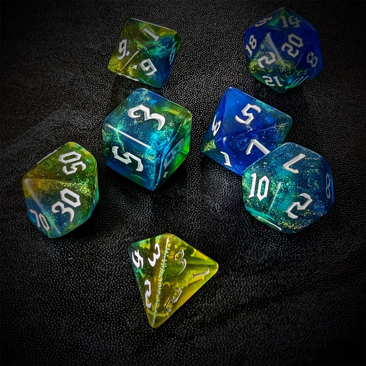 Glitter in Blue & Yellow Acrylic - 7pcs RPG Full Dice Set Scatter