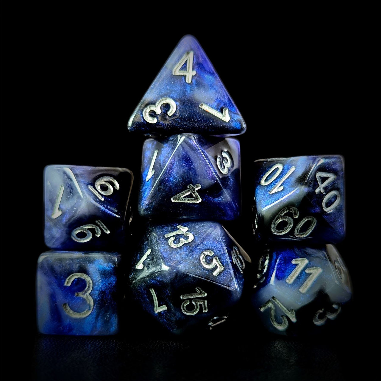 Glitter in Blue & Black Resin - 7pcs RPG Full Dice Set