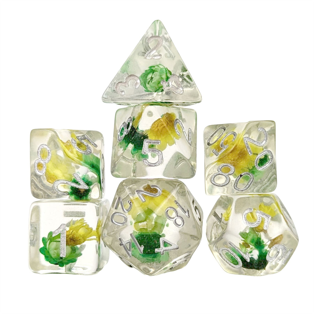 Yellow & Green Flowers in Clear Resin - 7pcs RPG Full Dice Set