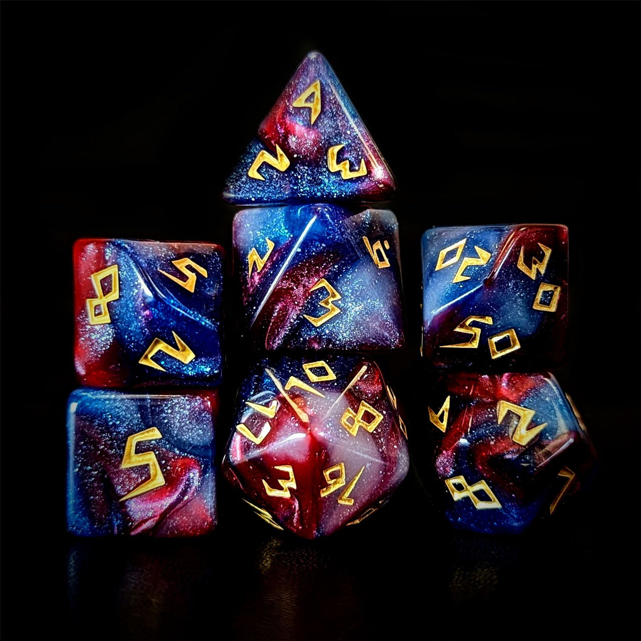 Glitter in Blue & Red Acrylic - 7pcs RPG Full Dice Set Dark Stack