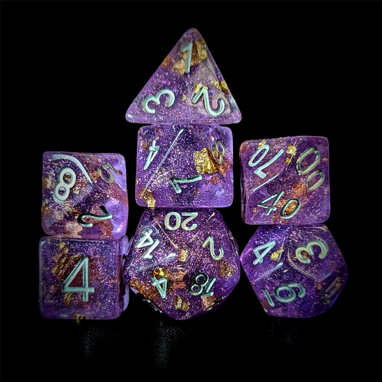 Gold Foil in Clear & Purple Resin - 7pcs RPG Full Dice Set