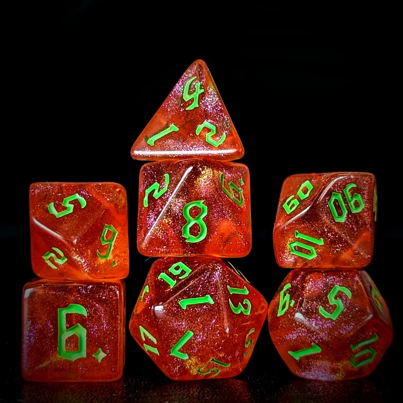 Glitter in Red Acrylic - 7pcs RPG Full Dice Set Dark Stack