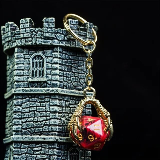 Red & Black Acrylic in  Gold Metal Claw - D20 Keyring