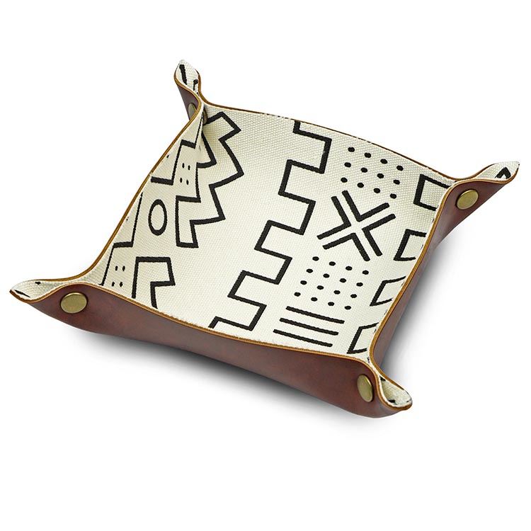 Pattern on White Velvet & Brown PU Leather - Square Soft Dice Tray