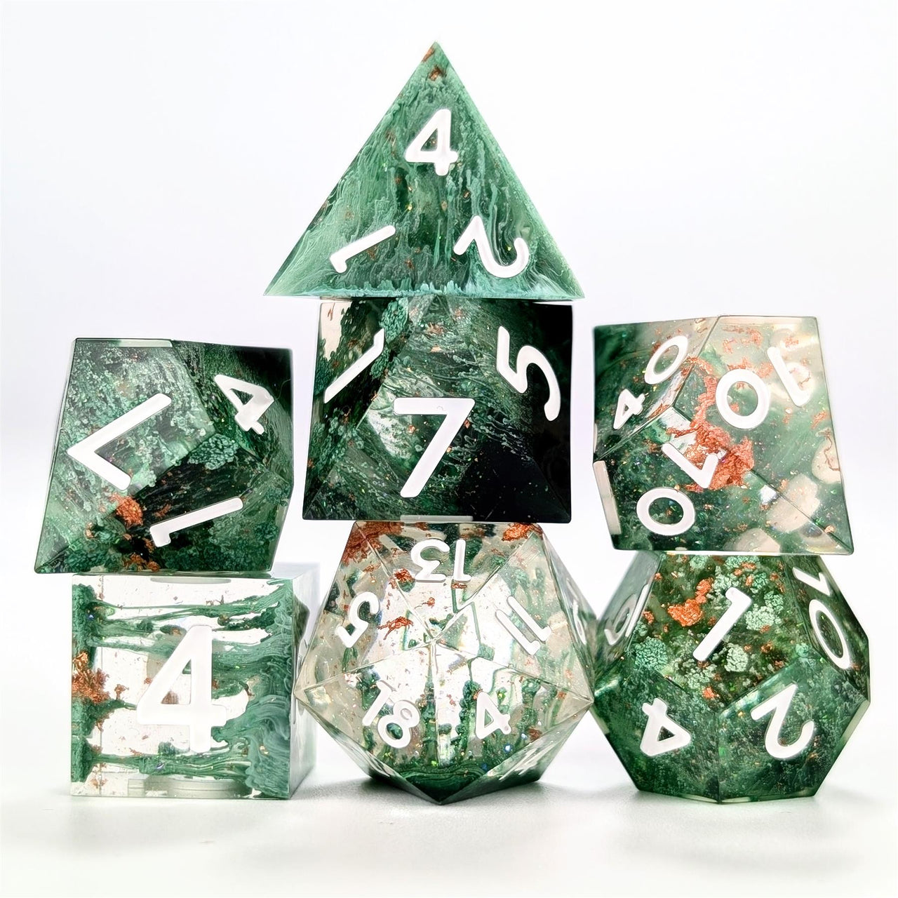 Moss in Layered Clear and Black Sharp Resin - 7pcs RPG Dice Set