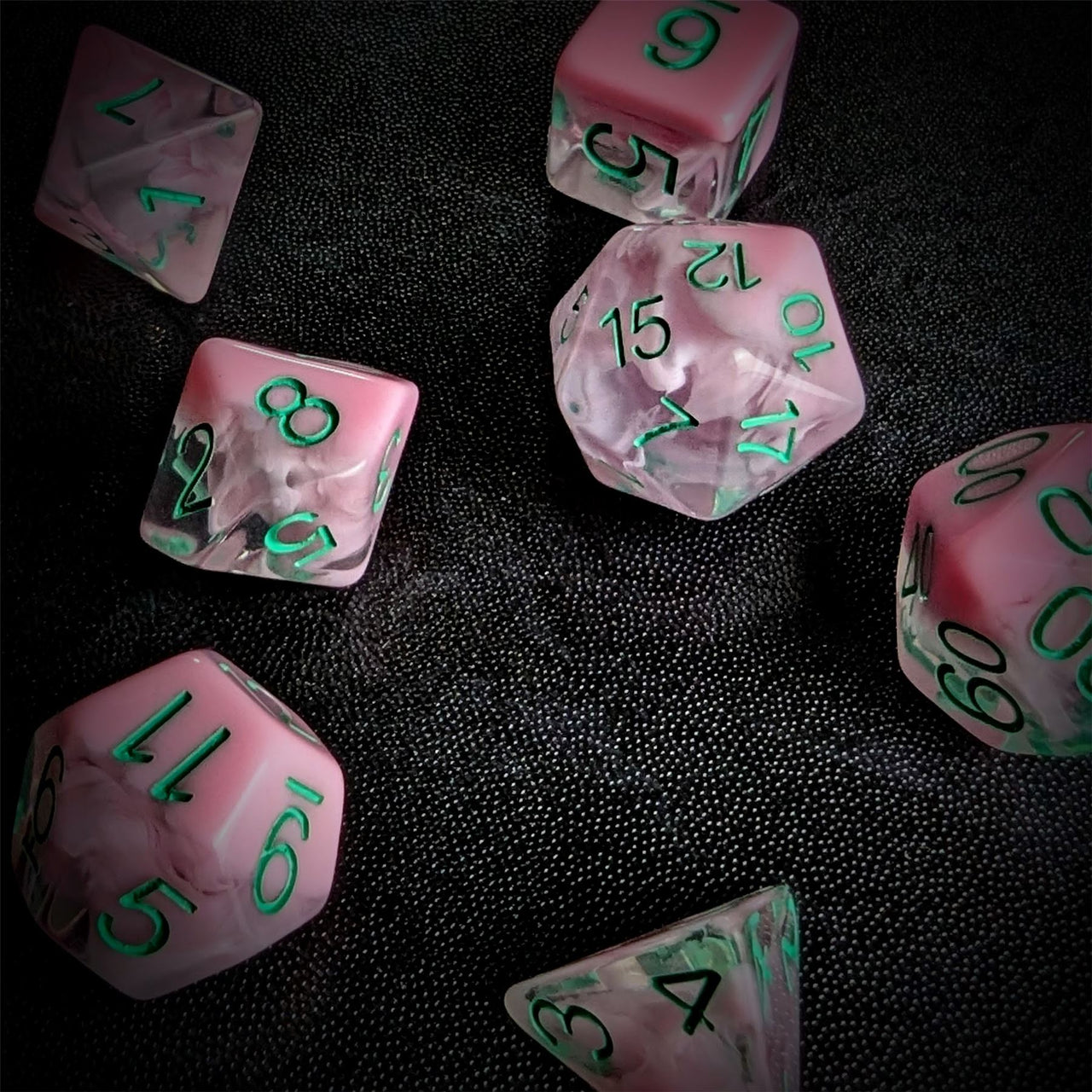 Pink Swirl in Clear Resin - 7pcs RPG Full Dice Set
