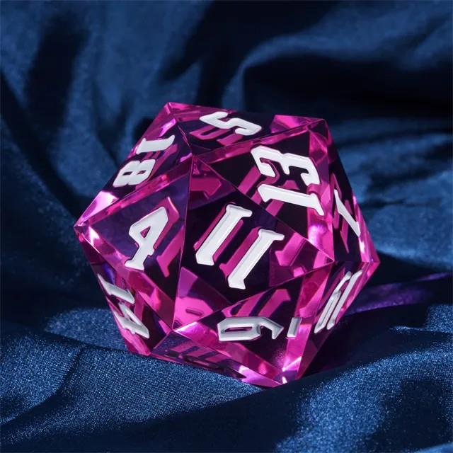 D20 Dice Acrylic 55mm  White Font Clear White Pink