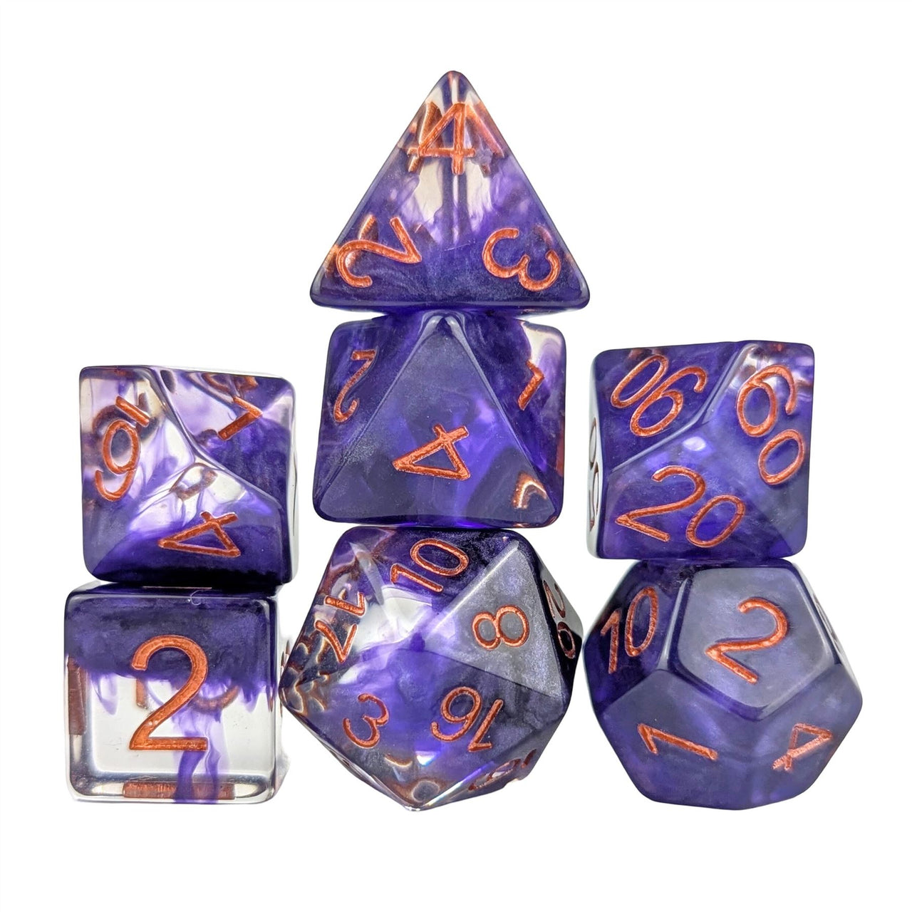 Purple Swirl in Clear Resin - 7pcs RPG Full Dice Set