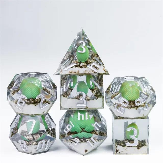 Green Dragon Egg in Clear Filled Sharp Resin - 7pcs RPG Dice Set