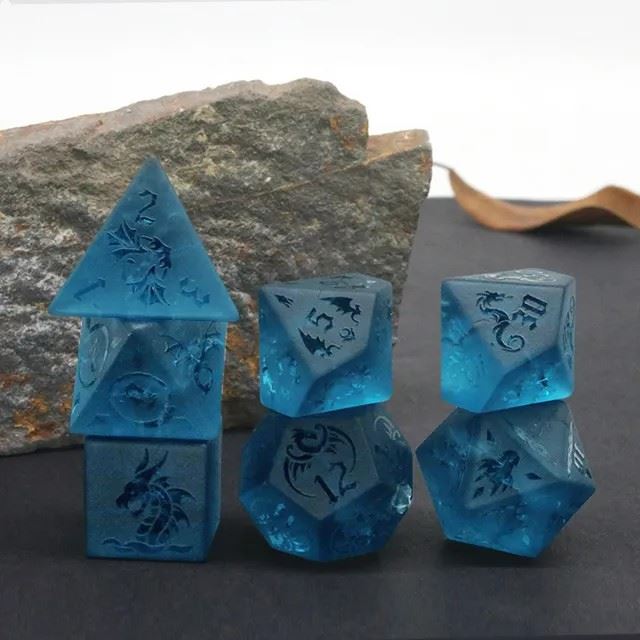 Dragon on Cracked & Frosted Ocean Blue Glass - 7pcs RPG Dice Set