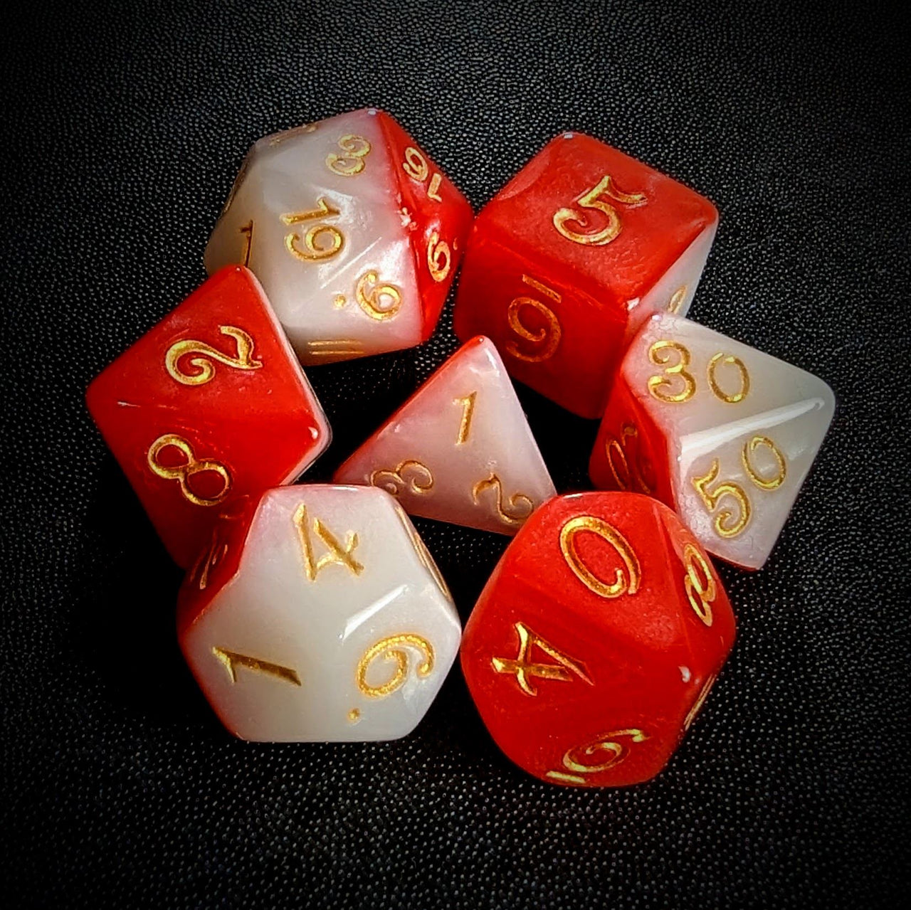 Blend of Red & White Acrylic - 7pcs RPG Full Dice Set Top