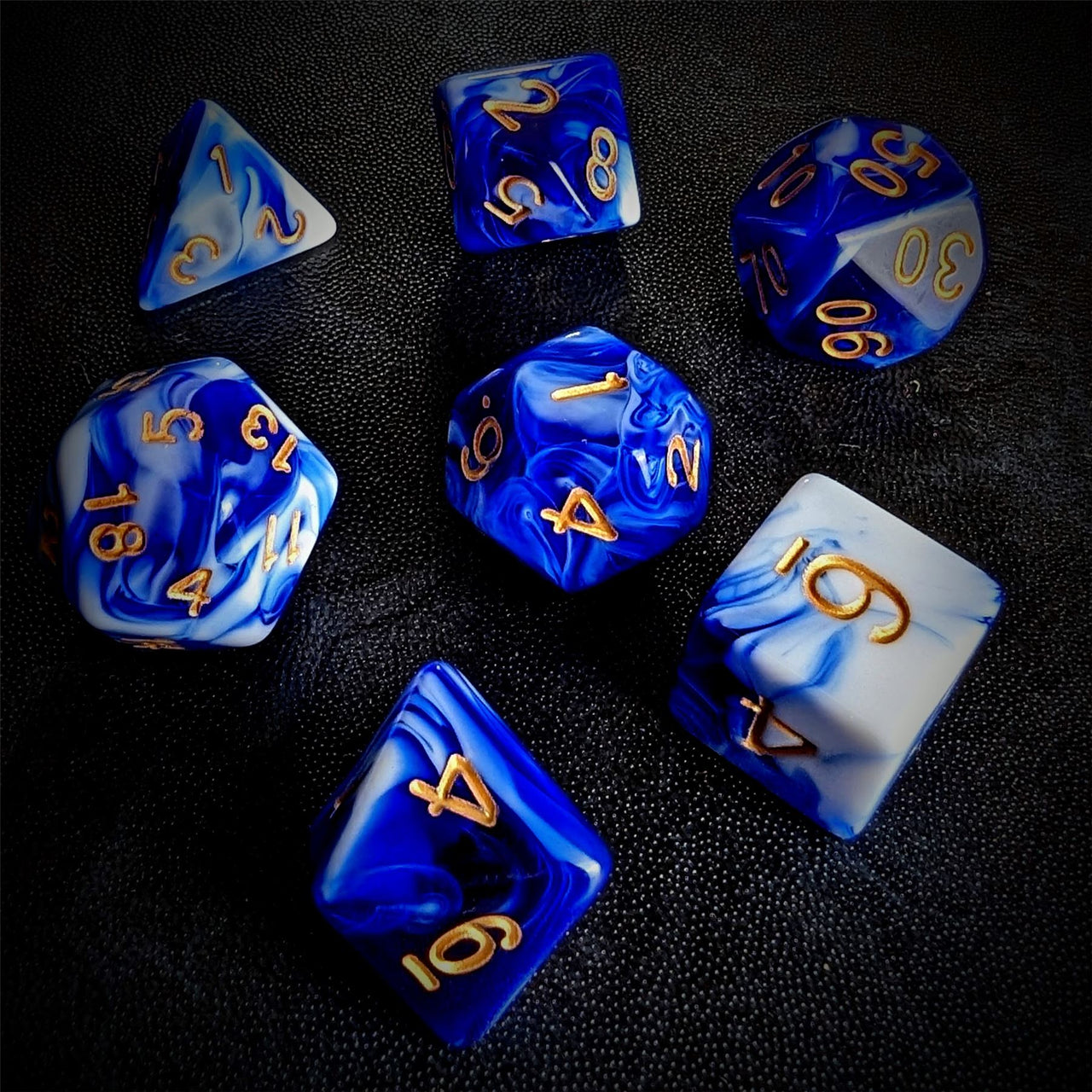 Blend of White & Royal Blue Acrylic - 7pcs RPG Full Dice Set Scatter