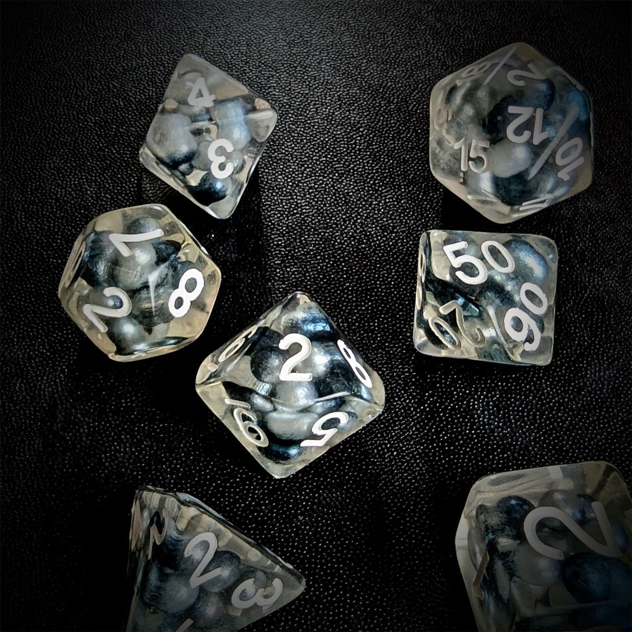 Black & Blue Pearls in Clear Resin - 7pcs RPG Full Dice Set