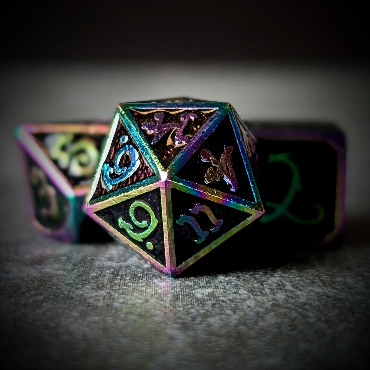 Black Enamel in Rainbow Metal - 7pcs RPG Dice Set