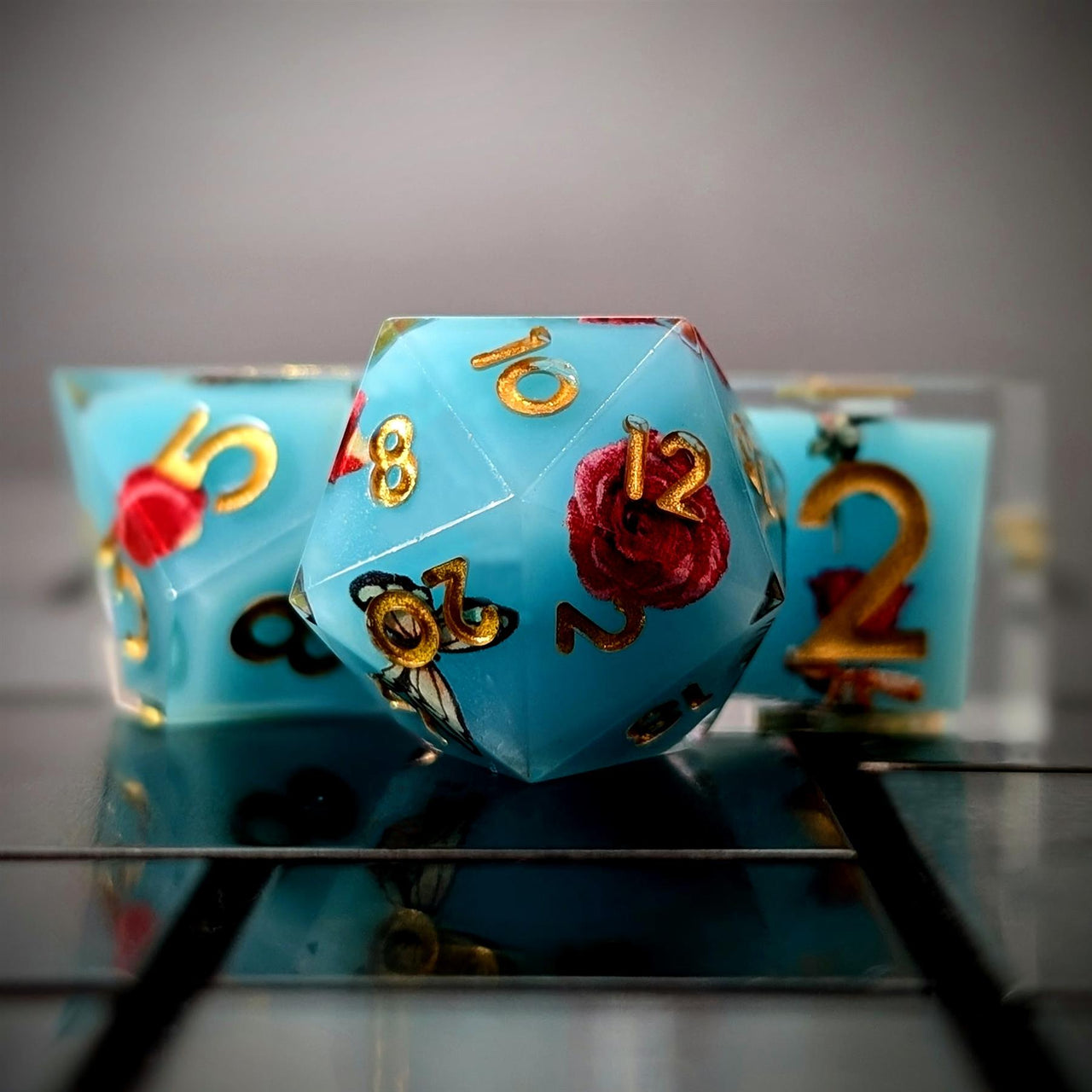 Butterfly & Flower in Blue Filled Sharp Resin - 7pcs RPG Dice Set