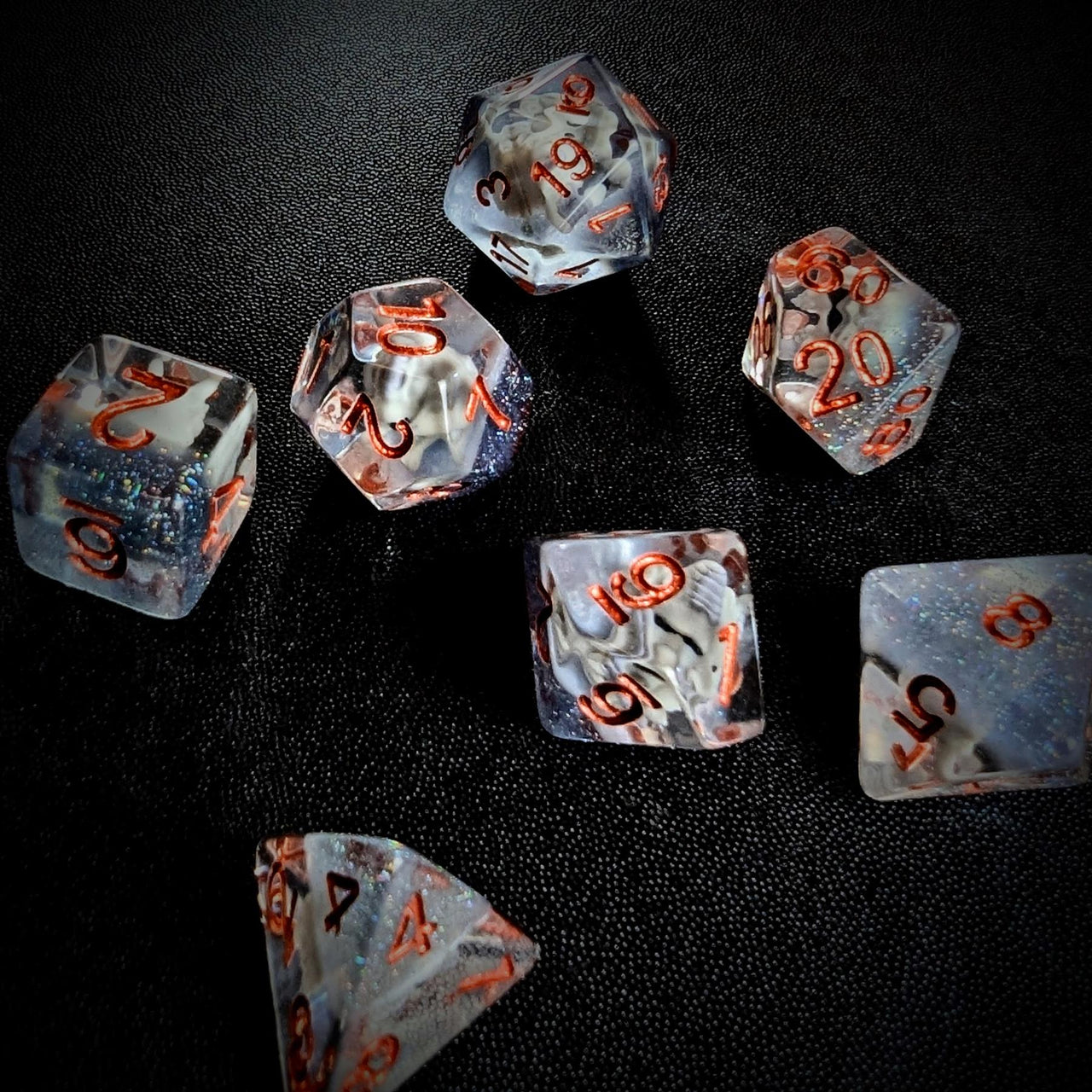 Dragon Skull in Clear & Blue Resin - 7pcs RPG Full Dice Set