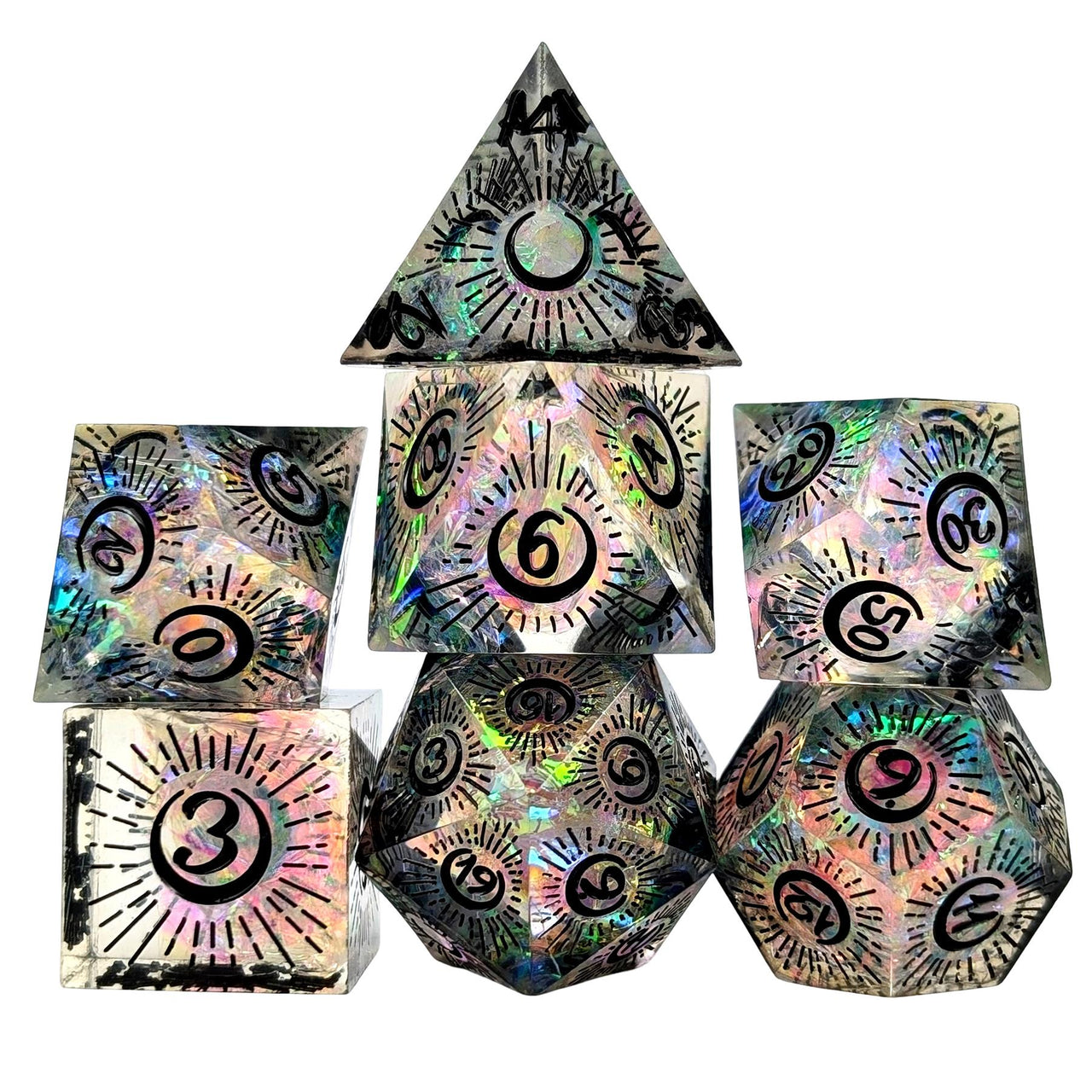 Laser on Clear with Candy Sharp Resin - 7pcs RPG Dice Set