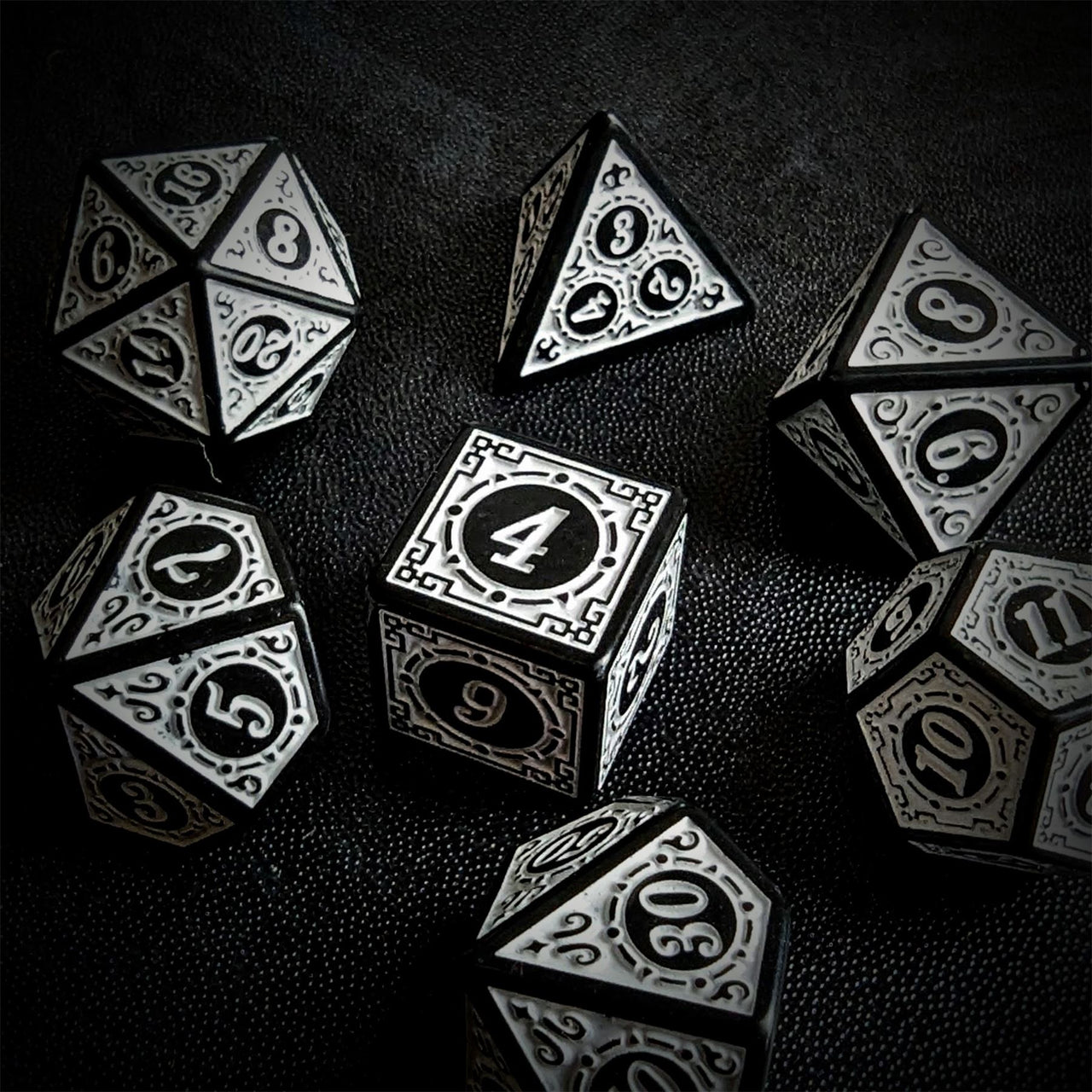 White Lattice on Black Acrylic - 7pcs RPG Full Dice Set Scatter