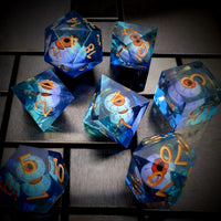 Thumbnail for Orange Eye Ball in Clear & Blue Liquid Filled Sharp Resin - 7pcs RPG Dice Set