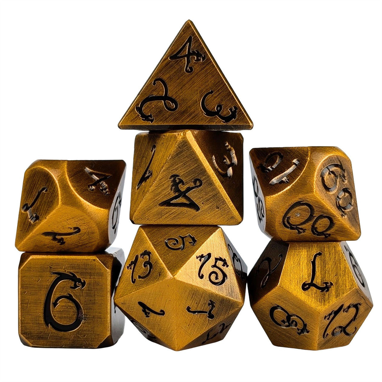 Gold Metal with Black Dragon Font - 7pcs RPG Dice Set