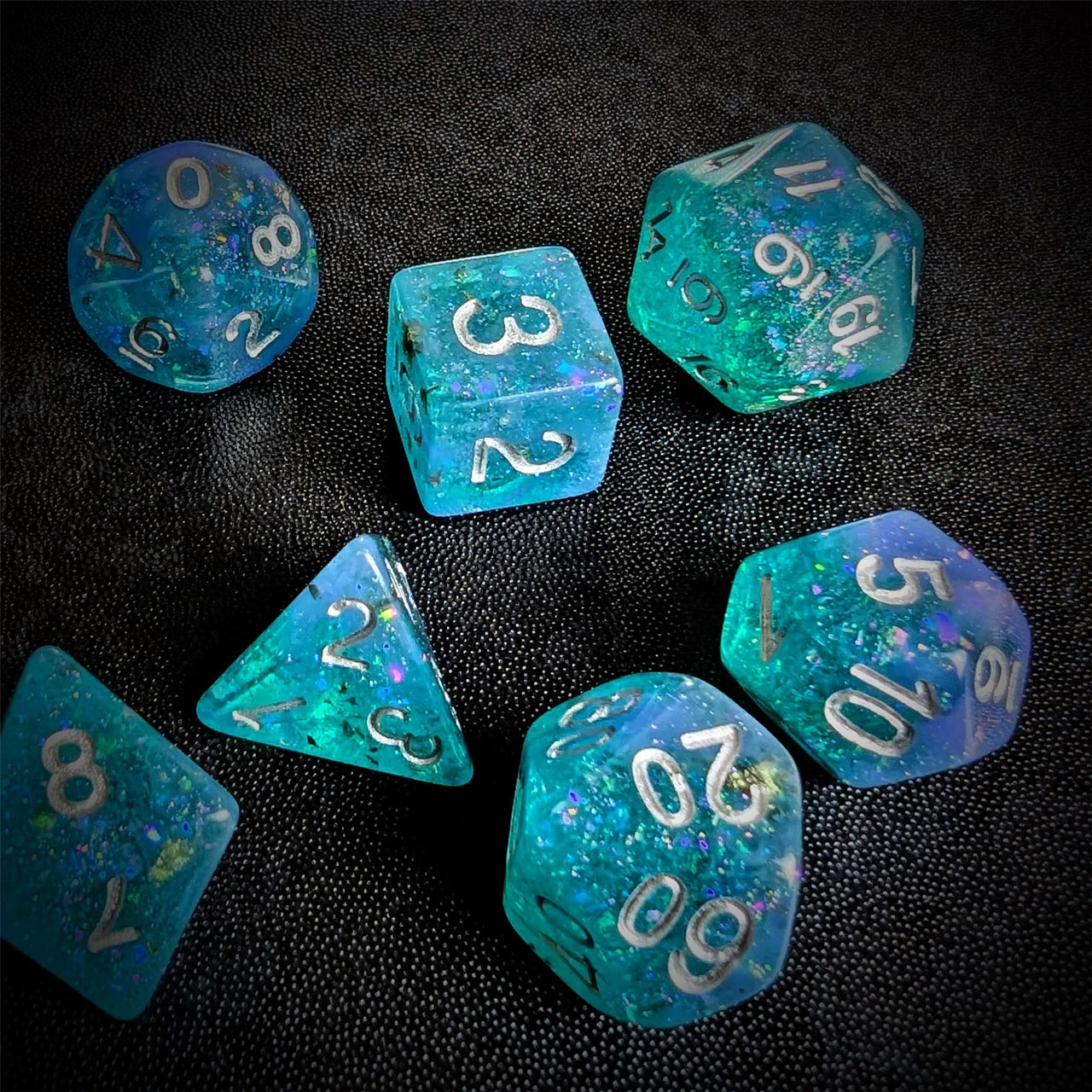 Glitter in Blue & Cyan Resin - 7pcs RPG Full Dice Set