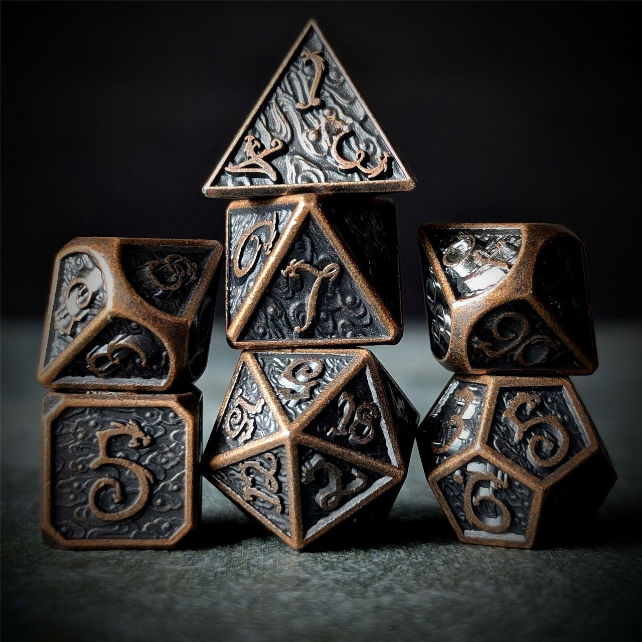 Copper Metal with Dragon Font - 7pcs RPG Dice Set